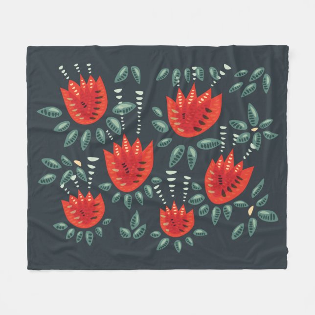 Whimsisches Rotes Tulips Blumenmuseum Abstrakter F Fleecedecke (Vorderseite (Horizontal))
