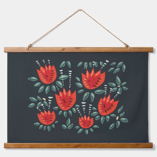 Whimsisches Rotes Tulips Blumenmuseum Abstrakter F Wandteppich Mit Holzrahmen (Vorne)