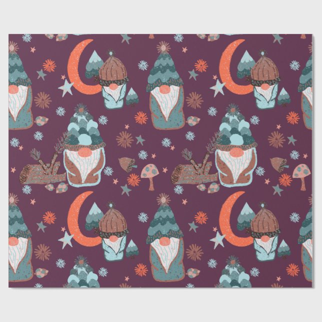 Whimsisches Rotmuster Gnome Weihnachtsgarten Mond Geschenkpapier (Flach)