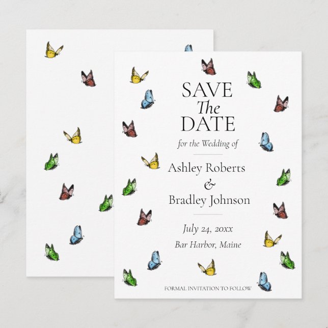 Whimsisches Schmetterling Save the Date Ankündigungspostkarte (Vorne/Hinten)
