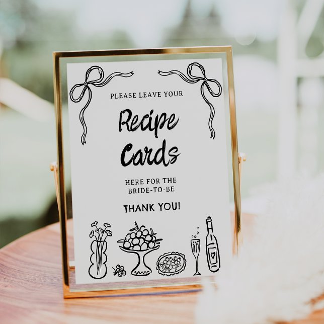 Whimsisches Schwarz Gezeichnet Brautparty Rezept Z Fotodruck (Black Hand Drawn Whimsical Bridal Shower Sign, Bows Food Recipe Card Sign Bridal Shower Whimsical )