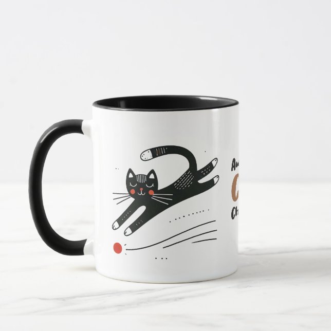 Whimsisches schwarzes Katzen jagen roter Punkt Tasse (Links)