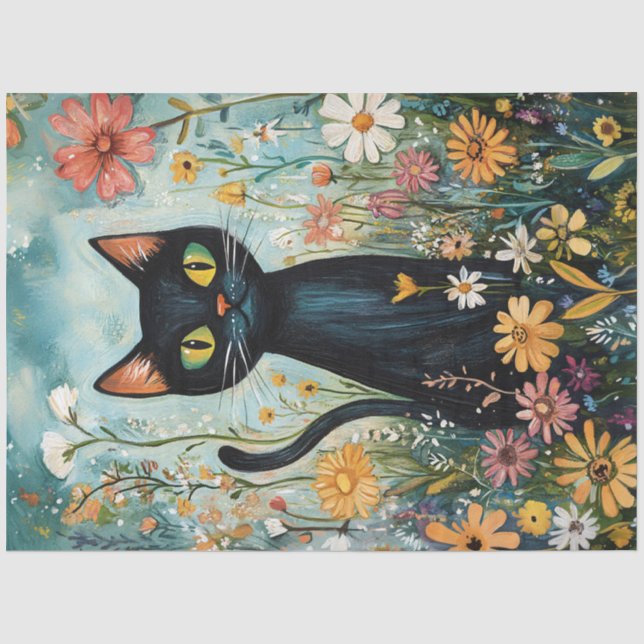 Whimsisches Schwarzes Katzen mit Wildblumen Decoup Seidenpapier (Vorderseite)