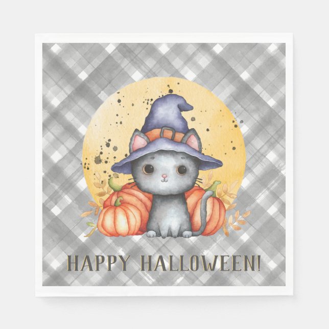 Whimsisches Schwarzes KatzenHalloween Serviette (Vorderseite)