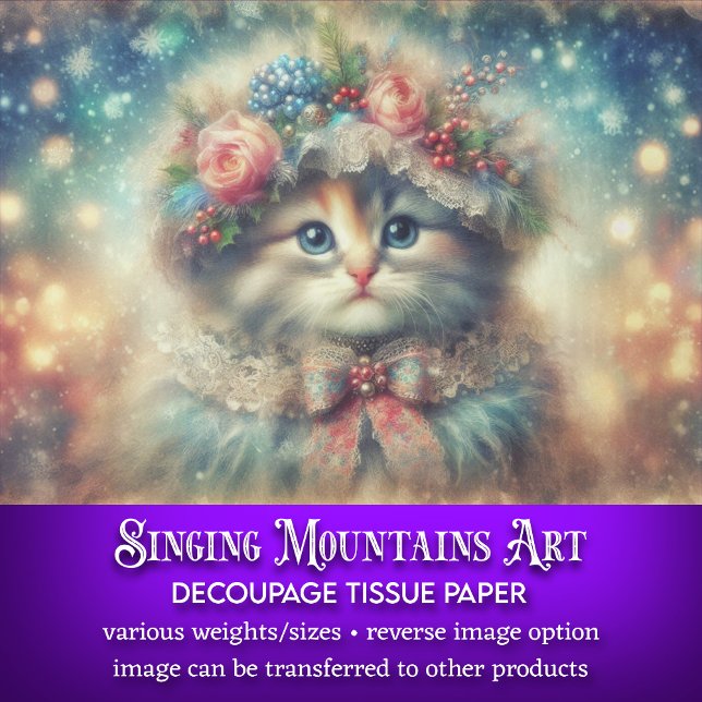 Whimsisches Shabby Chic Winterkatze Dekoupage Seidenpapier (Von Creator hochgeladen)