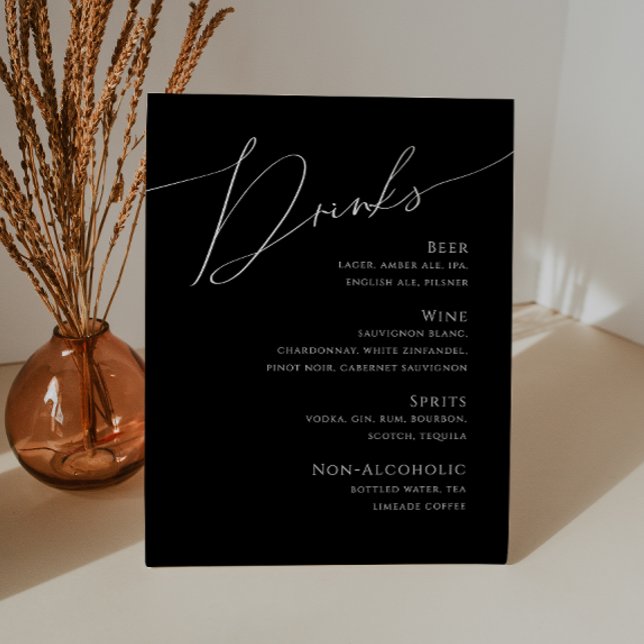 Whimsisches Skript | Black Wedding Drinks Menu Ped Sockelschild (Von Creator hochgeladen)