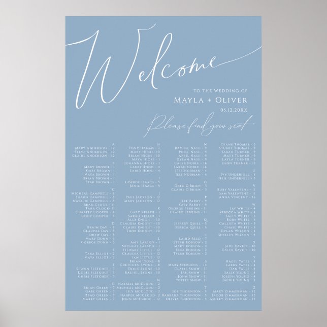 Whimsisches Skript | Dusty Blue Alphabetic Seating Poster (Vorne)