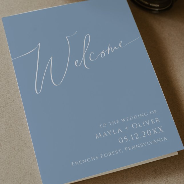 Whimsisches Skript | Dusty Blue Folded Wedding Programm (Von Creator hochgeladen)