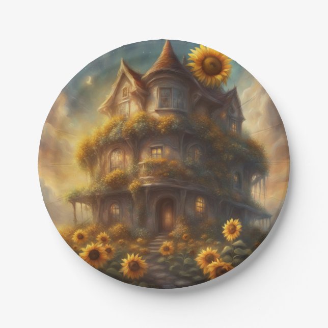 Whimsisches Sonnenblumenhaus Sommer oder Herbst Pa Pappteller (Vorderseite)