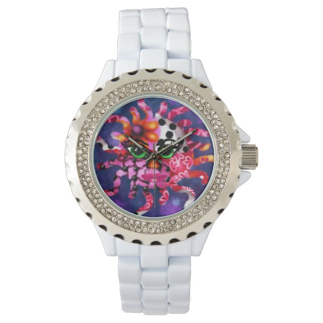 Whimsisches Sonnengesicht Abstrakt Zodiac Art Lila Armbanduhr (Vorderseite)