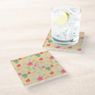 Whimsisches tropisches Blumen- und Herz-Wassercolo Glasuntersetzer