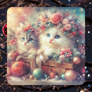 Whimsisches Viktorianisches Weihnachtskätzchen Quadratischer Aufkleber