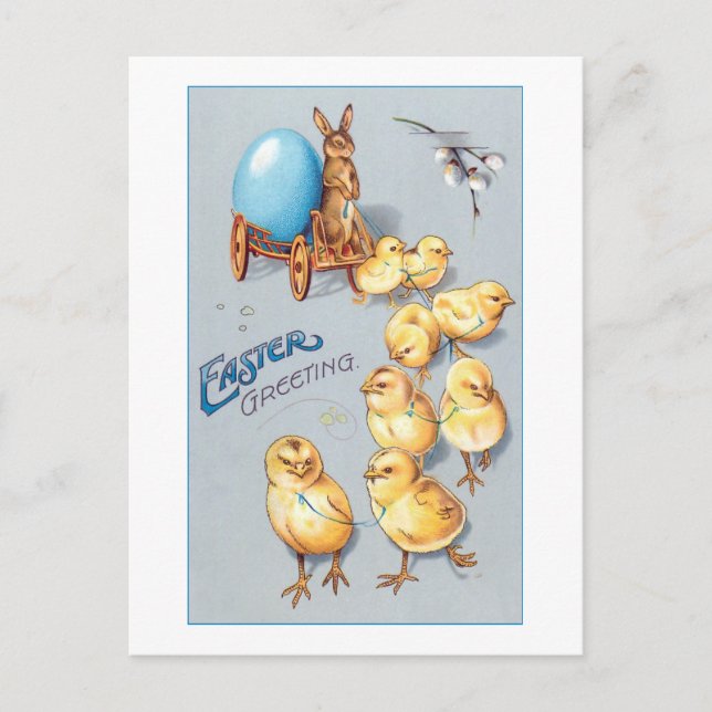Whimsisches Vintages Chicken und Osterhase Postkarte (Vorderseite)