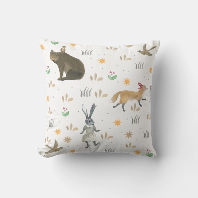 Whimsisches Waldbärenfox Kaninchen Vögel Kunst Kissen (Vorderseite)
