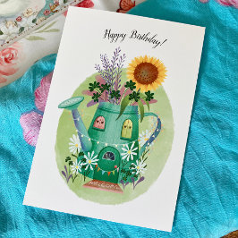 Whimsisches Wasserkocher und Sonnenblumenkarte zum Karte
