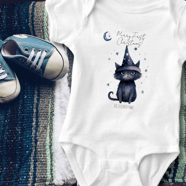 Whimsisches Watercolor Black Cat Blauer Weihnachte Baby Strampler (Cute Magical Wizard Black Cat Watercolor Christmas Baby Bodysuit )