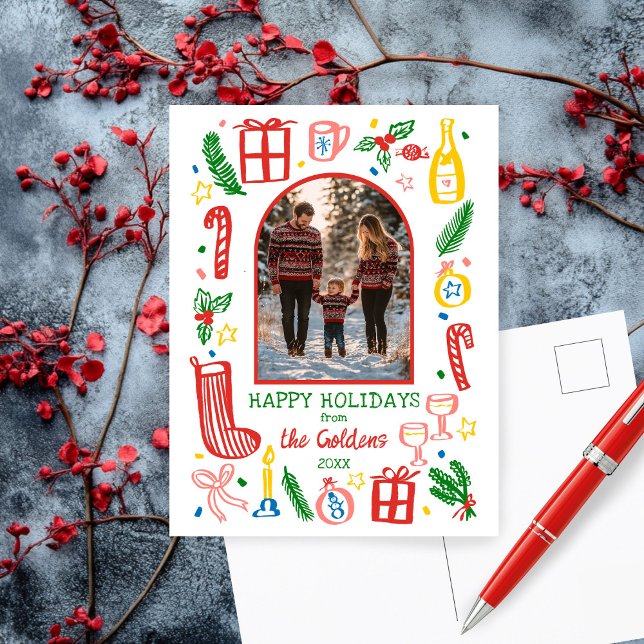 Whimsisches Weihnachten Niedliches Custom Arch FOT (Whimsical Doodle Christmas Cute Custom Arch PHOTO Holiday Postcard
)