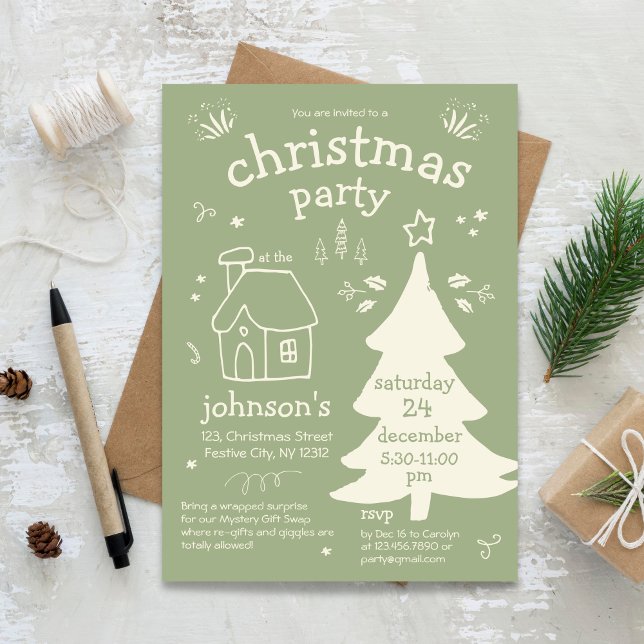 Whimsisches Weihnachtsfest mit Baum und Hütte Einladung (Whimsical Christmas Party with Tree and Cottage Invitation)
