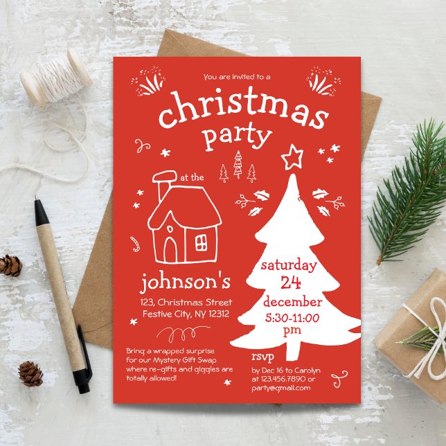 Whimsisches Weihnachtsfest mit Bäumen und Hütte In Einladung (Whimsical Christmas Party with Tree and Cottage Invitation)