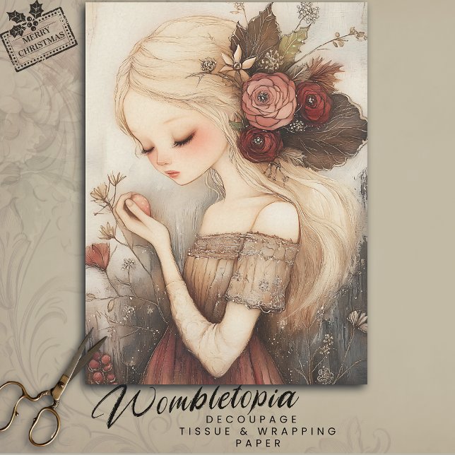 Whimsisches Weihnachtsmädchen mit floraler Dekoupa Seidenpapier (Von Creator hochgeladen)