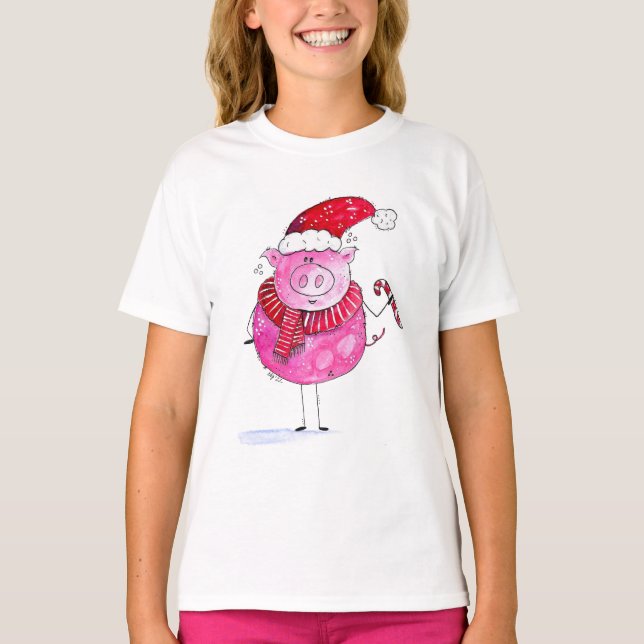 Whimsisches Weihnachtsschwein T-Shirt (Vorderseite)