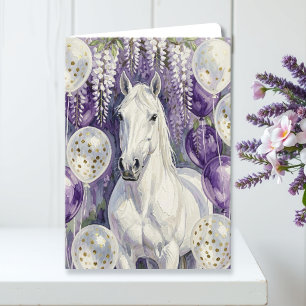 Whimsisches weißes Pferd unter Wisteria zum Geburt Karte