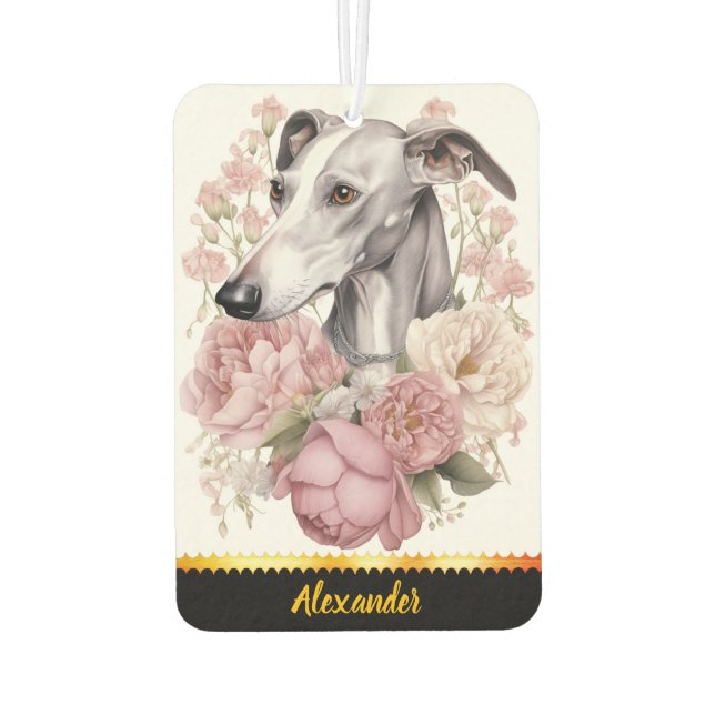 Whimsisches Windhund-Portrait, umgeben von Blume Autolufterfrischer (Rückseite)