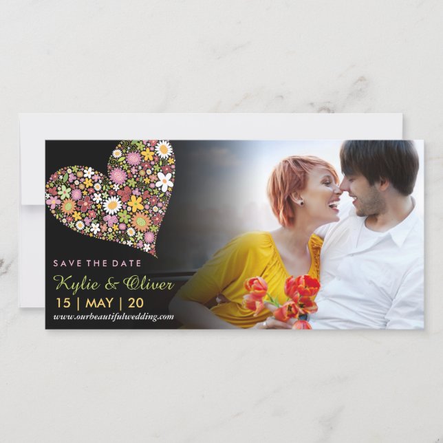 Whimsisfarbene Rosa Frühlingsblumen Foto Herz Save The Date (Vorderseite)