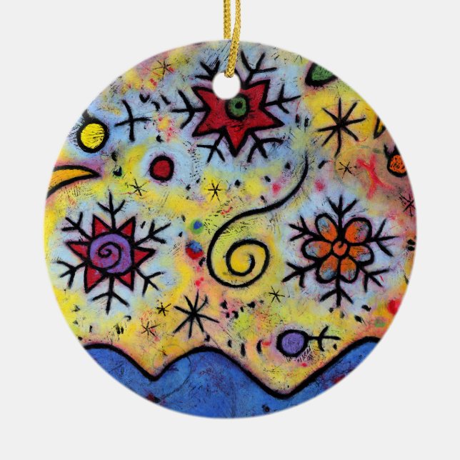 Whimsisfarbener Sternenhimmel Schneeflocke Keramik Ornament (Vorne)