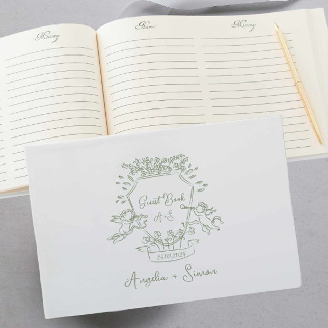 Whimsisikhandgezeichnetes Blatt Green Wappen Gäste Gästebuch (sage green vintage crest wedding guest book features hand drawn cherub illustration )