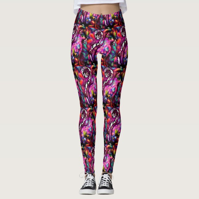Whimsisisches Abstrakt Kitty Cat Floral Rot Rosa Leggings (Vorderseite)