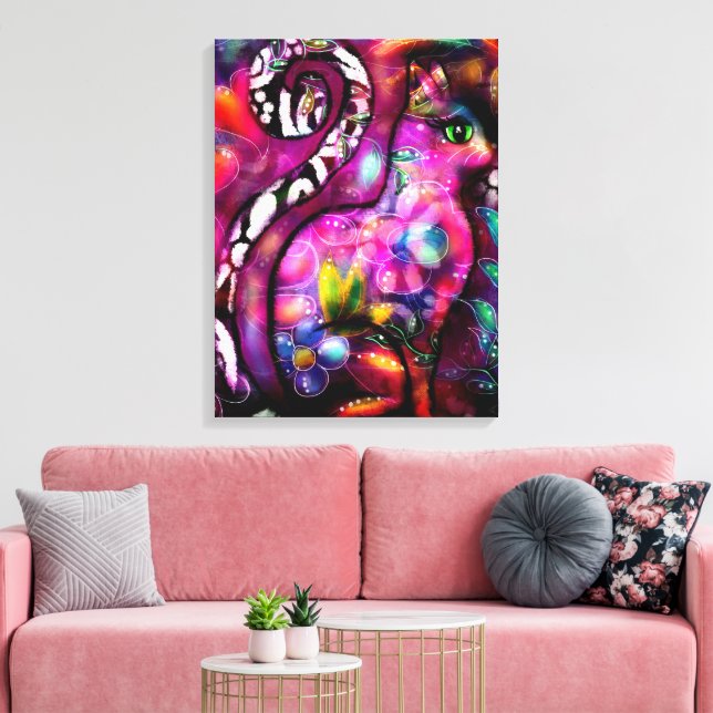 Whimsisisches Abstrakt Kitty Cat Floral Rot Rosa Leinwanddruck (Insitu (Wohnzimmer))
