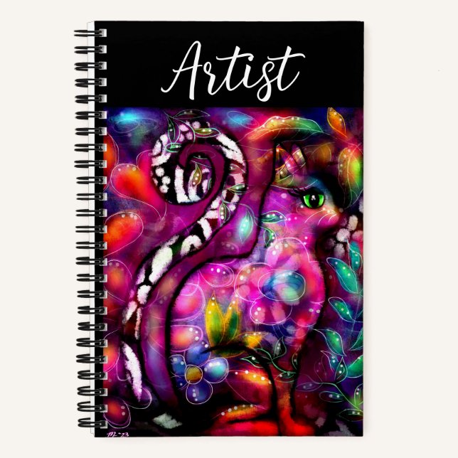 Whimsisisches Abstrakt Kitty Cat Floral Rot Rosa Notizbuch (Vorderseite)