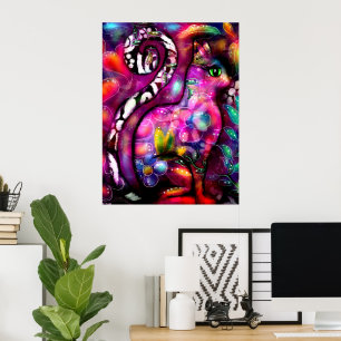 Whimsisisches Abstrakt Kitty Cat Floral Rot Rosa Poster