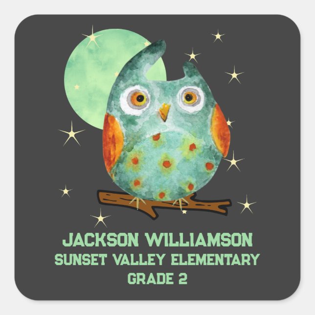Whimsisisches Owl Wasserfarbe Stil Schule Name Jah Quadratischer Aufkleber (Vorderseite)
