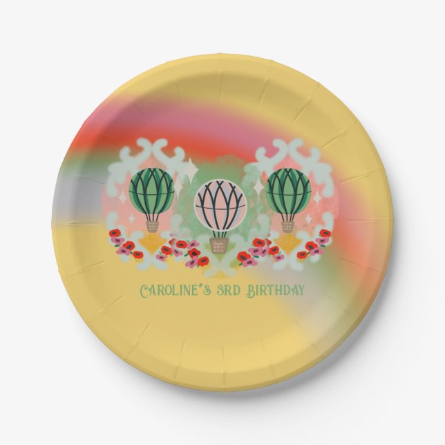 Whimsisisches Regenbogen Heißluftballon Geburtstag Pappteller (Vorderseite)
