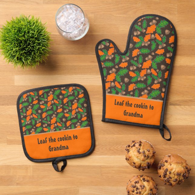 Whimsiskattierter Herbst Blätter Acorns Ofenhandschuh & Topflappen-Set (Oben Unten)