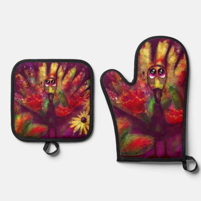 Whimsistisch Abstrakte Türkei Blumengelb Ofenhandschuh & Topflappen-Set (Vorderseite)