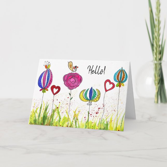 Whimsistische Blume und Vogelgrippe Karte (Vorderseite)