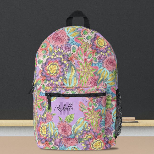 Whimsistische Bohemische Blume auf Lila Bedruckter Rucksack (Von Creator hochgeladen)