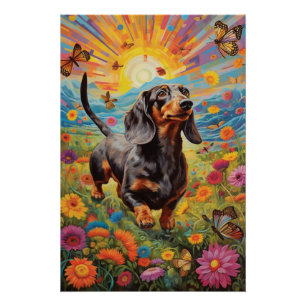 Whimsistische Dackel und Schmetterlingstanz Poster