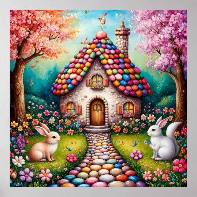 Whimsistische Hütte mit Kaninchen Poster (Vorne)