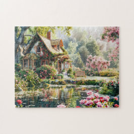 Whimsistische Hütte mit Rhododendren und Teich