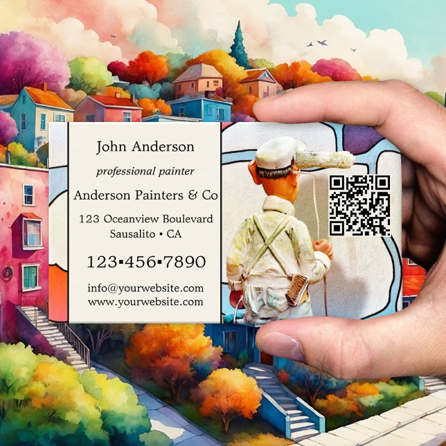 Whimsistische Kunstmalerkarte Visitenkarte (Artistic design business card featuring an image of a painter at work - with QR code template)