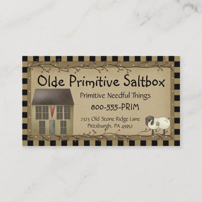 Whimsistische primitive Saltbox House Business Car Visitenkarte (Vorderseite)