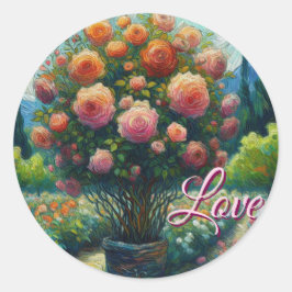 Whimsistische Rose Topiary Impressionistisches Gem Runder Aufkleber