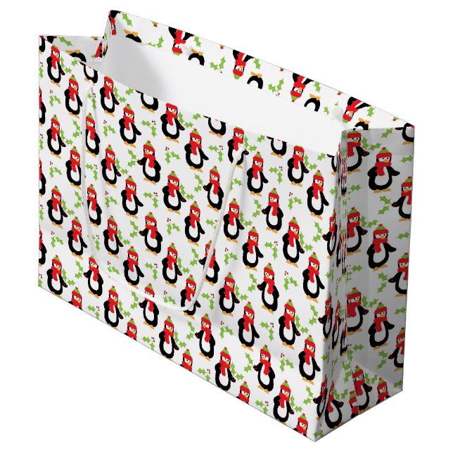 Whimsistische Weihnachtspinguine Große Geschenktas Große Geschenktüte (Vorderseite Schrägansicht)
