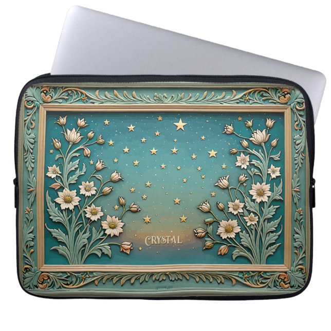 Whimsistische Wildblume Abend Jugendstil Aquamarin Laptopschutzhülle (Vorderseite)