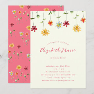 Whimsistische Wildblume Hot Pink Girl Geburtstag Einladung