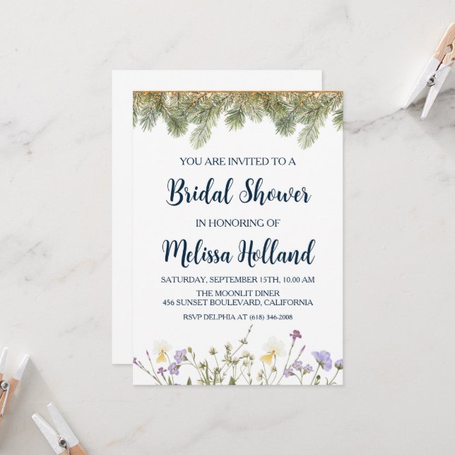Whimsistische Wildblumen WinterBrautparty Einladung (Vorderseite/Rückseite Beispiel)